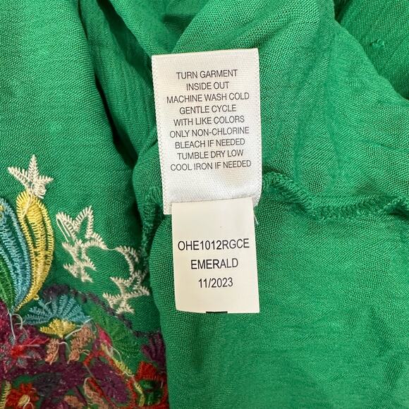 One World Green Multicolor Embroidered Bohemian Flowy Peasant Blouse Size 1X - Picture 6 of 7